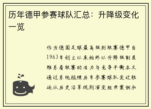 历年德甲参赛球队汇总：升降级变化一览
